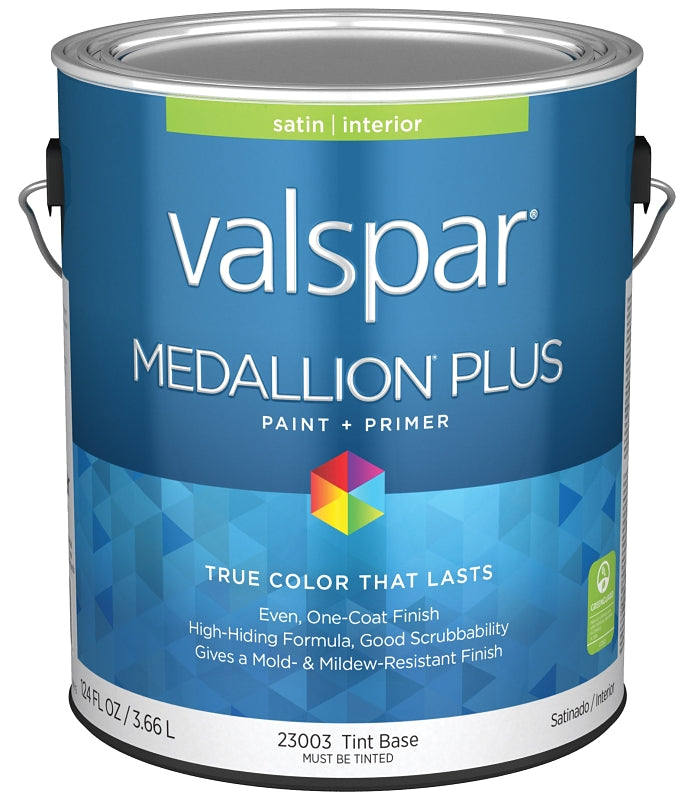 Valspar Medallion Plus 2300 028.0023003.007 Latex Paint, Acrylic Base, Satin Sheen, Tint Base, 1 gal, Plastic Can