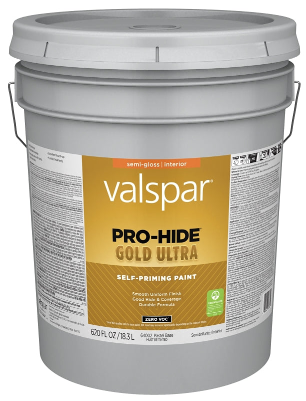 Valspar Pro-Hide Gold Ultra 6400 028.0064002.008 Latex Paint, Acrylic Base, Semi-Gloss Sheen, Pastel Base, 5 gal