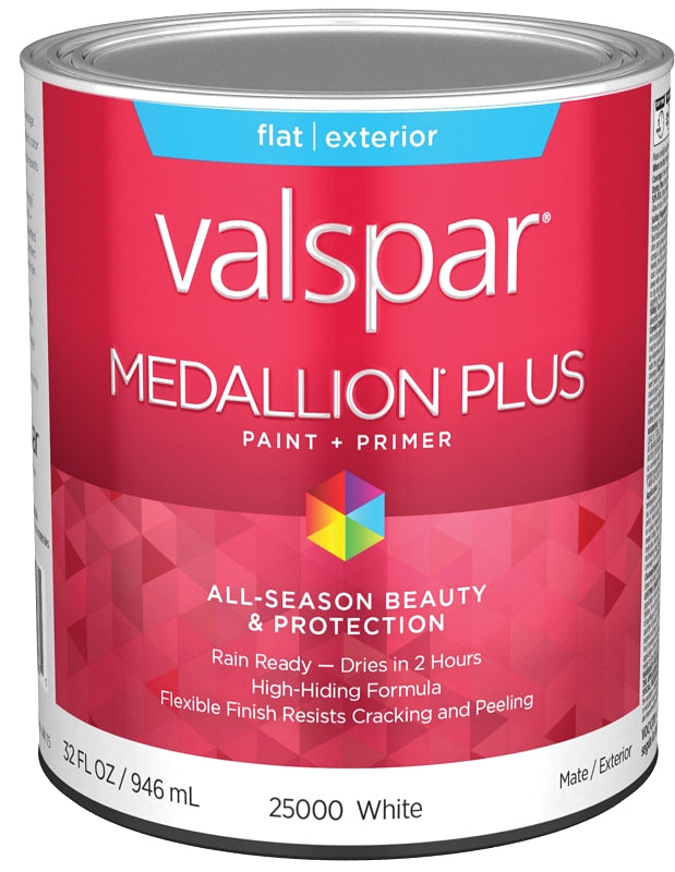 Valspar Medallion Plus 2500 028.0025000.005 Latex Paint, Acrylic Base, Flat Sheen, White Base, 1 qt, Plastic Can