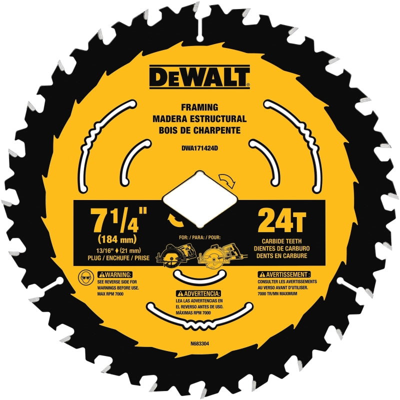 DeWALT DWA171424DB10 Circular Saw Blade, 7-1/4 in Dia, 5/8 in Arbor, 24-Teeth, Tungsten Carbide Cutting Edge, 10/PK