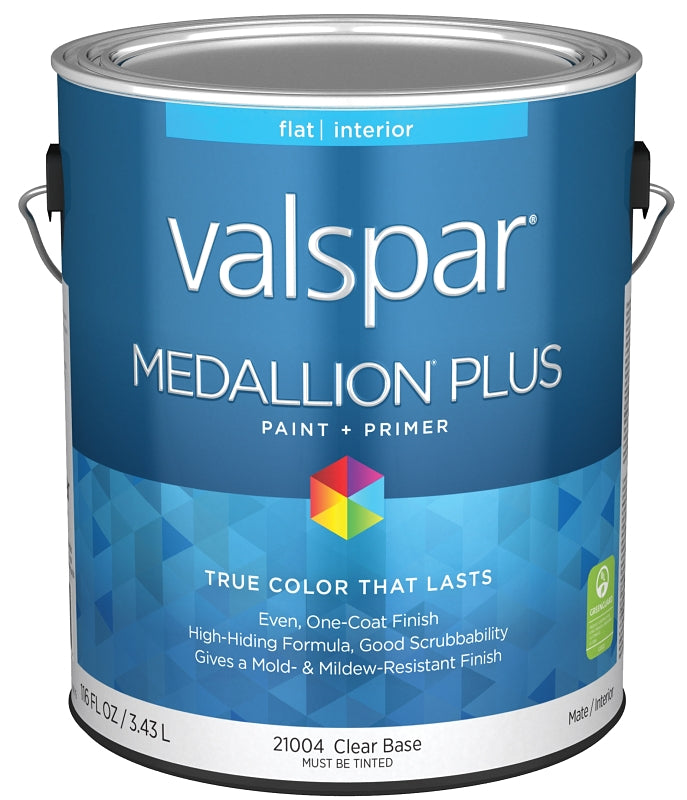 Valspar Medallion Plus 2100 028.0021004.007 Latex Paint, Acrylic Base, Flat Sheen, Clear Base, 1 gal, Plastic Can