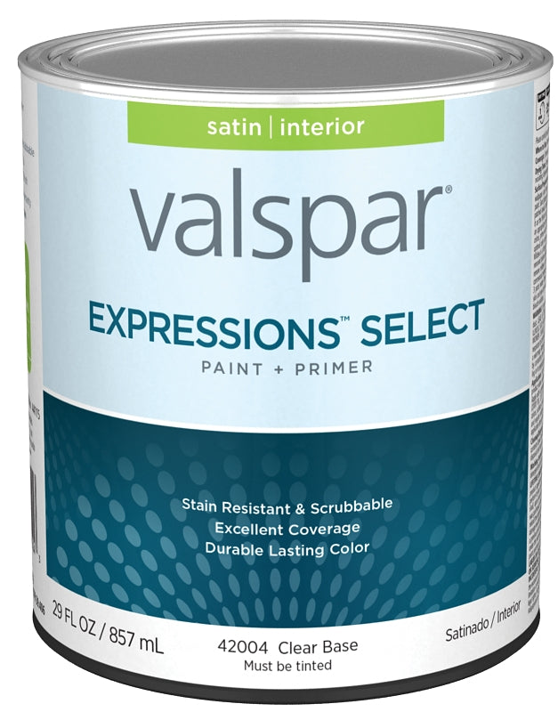 Valspar Expressions Select 4200 028.0042004.005 Latex Paint, Acrylic Base, Satin Sheen, Clear Base, 1 qt