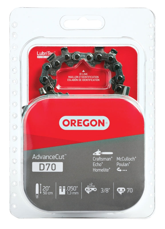 Oregon D70 Chainsaw Chain, 20 in L Bar, 0.05 Gauge, 3/8 in TPI/Pitch, 70-Link