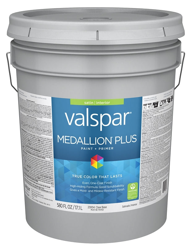 Valspar Medallion Plus 2300 028.0023004.008 Latex Paint, Acrylic Base, Satin Sheen, Clear Base, 5 gal, Plastic Pail