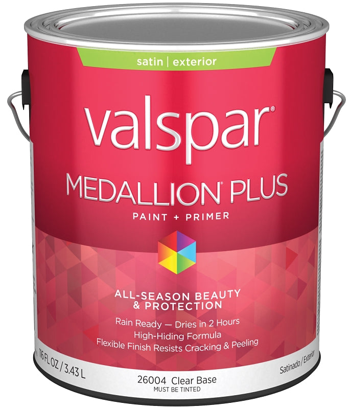 Valspar Medallion Plus 2600 028.0026004.007 Latex Paint, Acrylic Base, Satin Sheen, Clear Base, 1 gal, Plastic Can