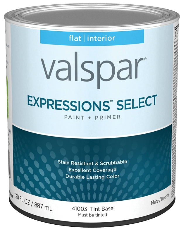 Valspar Expressions Select 4100 028.0041003.005 Latex Paint, Acrylic Base, Flat, Tint Base, 1 qt, Plastic Can