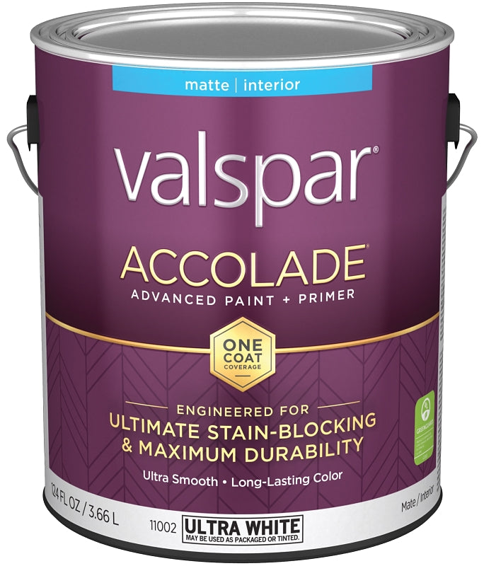 Valspar Accolade 1100 028.0011002.007 Latex Paint, Acrylic Base, Matte, Ultra White, 1 gal, Plastic Can