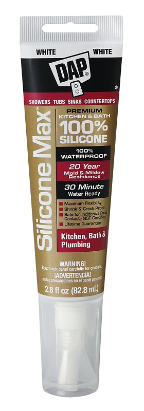 DAP SILICONE MAX 08795 Kitchen and Bath Sealant, Gloss White, 24 hr Curing, -35 to 140 deg F, 2.8 fl-oz Cartridge/Tube