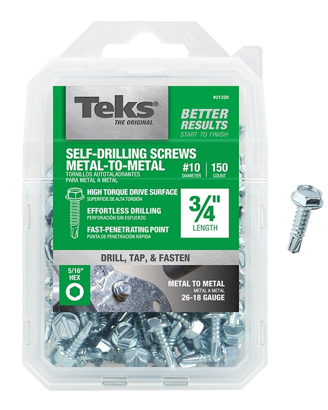 Teks 21320 Screw, #10 Thread, 3/4 in L, High-Low Thread, Hex Drive, Self-Tapping, Sharp, Type 3 Point, Steel, Zinc