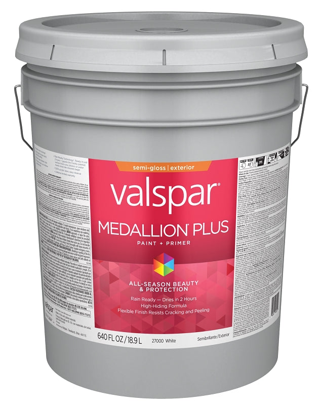 Valspar Medallion Plus 2600 028.0027000.008 Latex Paint, Acrylic Base, Semi-Gloss Sheen, White Base, 5 gal