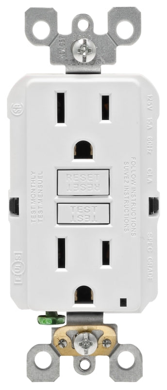 Leviton R02-GFNT1-0KW GFCI Duplex Receptacle, 2 -Pole, 15 A, 125 V, Back, Side Wiring, NEMA: 5-15R, White