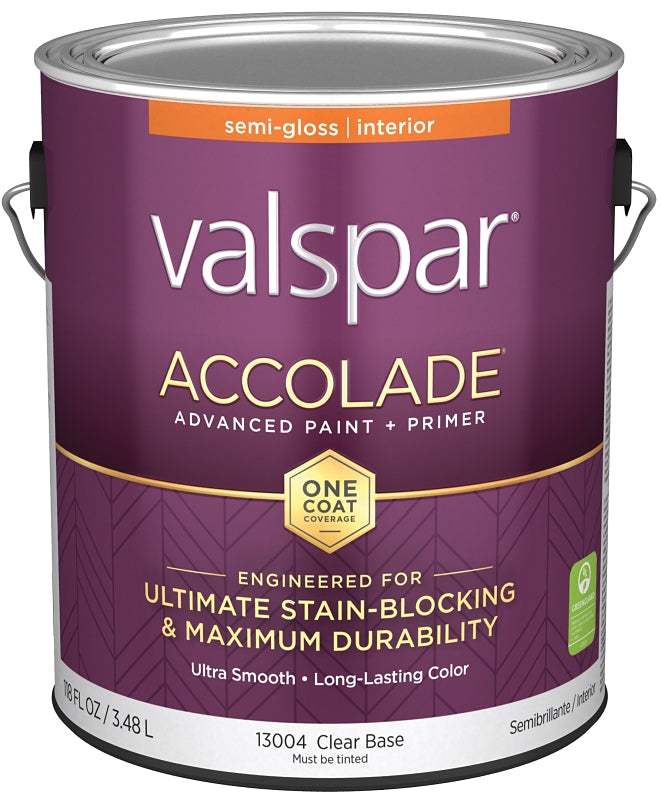 Valspar Accolade 1300 028.0013004.007 Latex Paint, Acrylic Base, Semi-Gloss, Clear Base, 1 gal, Plastic Can