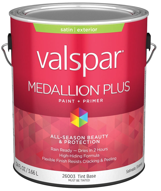 Valspar Medallion Plus 2600 028.0026003.007 Latex Paint, Acrylic Base, Satin Sheen, Tint Base, 1 gal, Plastic Can