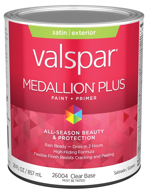 Valspar Medallion Plus 2600 028.0026004.005 Latex Paint, Acrylic Base, Satin Sheen, Clear Base, 1 qt, Plastic Can