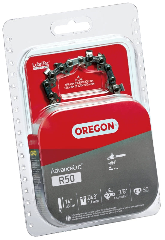 Oregon AdvanceCut R50 Chainsaw Chain, 14 in L Bar, 0.043 Gauge, 3/8 in TPI/Pitch, 50-Link