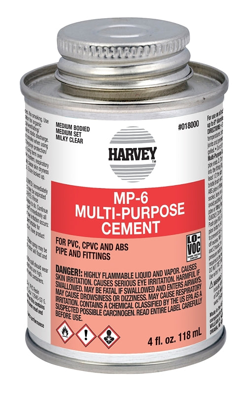 Harvey 018000-24 Solvent Cement, 4 oz Can, Liquid, Milky Clear