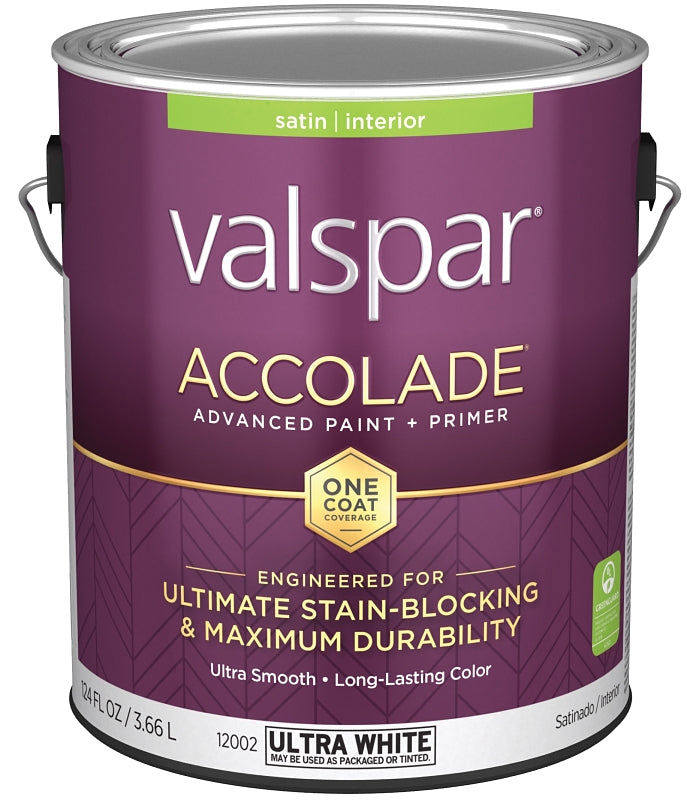 Valspar Accolade 1200 028.0012002.007 Latex Paint, Acrylic Base, Satin, Ultra White, 1 gal, Plastic Can