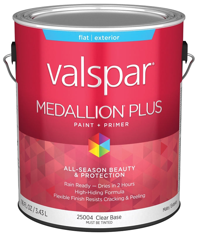 Valspar Medallion Plus 2500 028.0025004.007 Latex Paint, Acrylic Base, Flat Sheen, Clear Base, 1 gal, Plastic Can