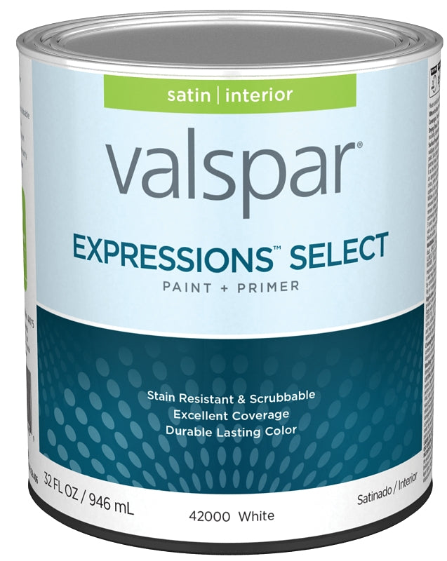 Valspar Expressions Select 4200 028.0042000.005 Latex Paint, Acrylic Base, Satin Sheen, White Base, 1 qt