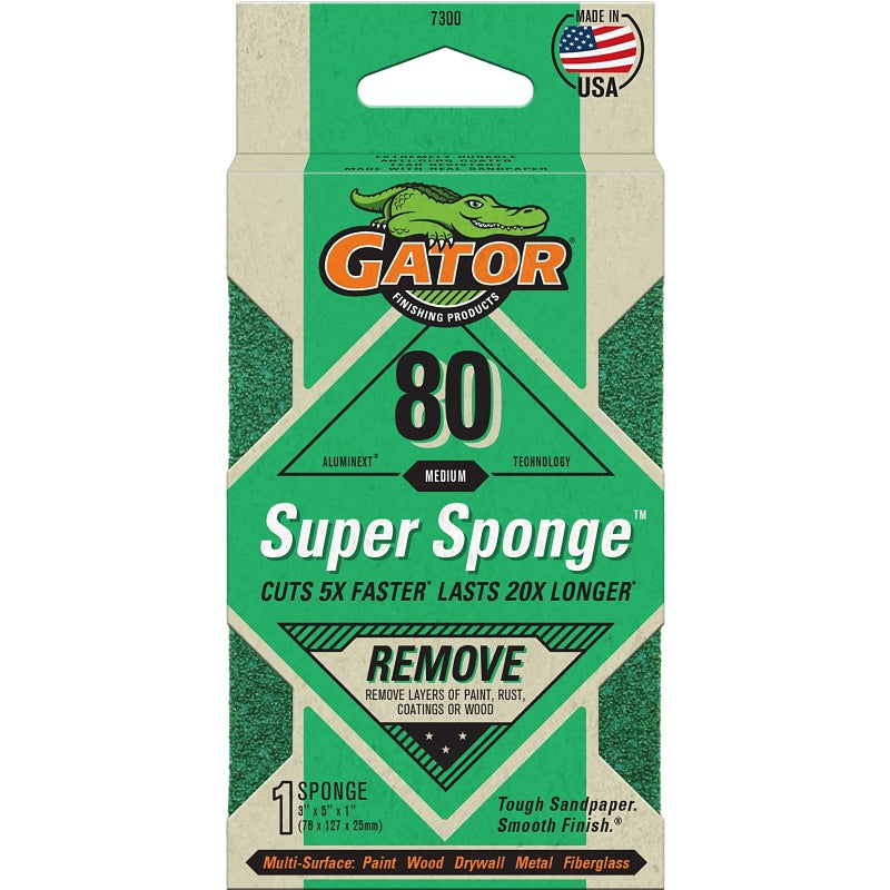 Gator 7300 Sanding Sponge, 5 in L, 3 in W, 80 Grit, Coarse, Aluminum Oxide Abrasive