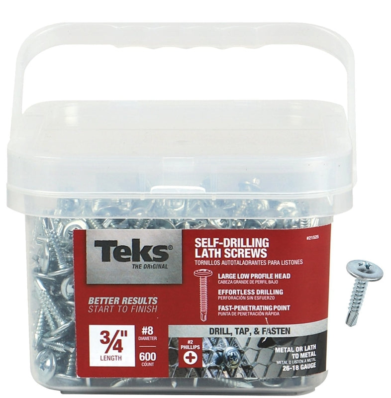 Teks 21525 Lath Screw, #8 Thread, Truss Head, Phillips Drive, Self-Drilling Point, Steel, Zinc, 600 PK