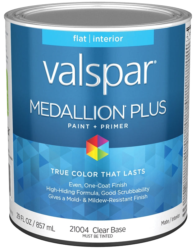 Valspar Medallion Plus 2100 028.0021004.005 Latex Paint, Acrylic Base, Flat Sheen, Clear Base, 1 qt, Plastic Can