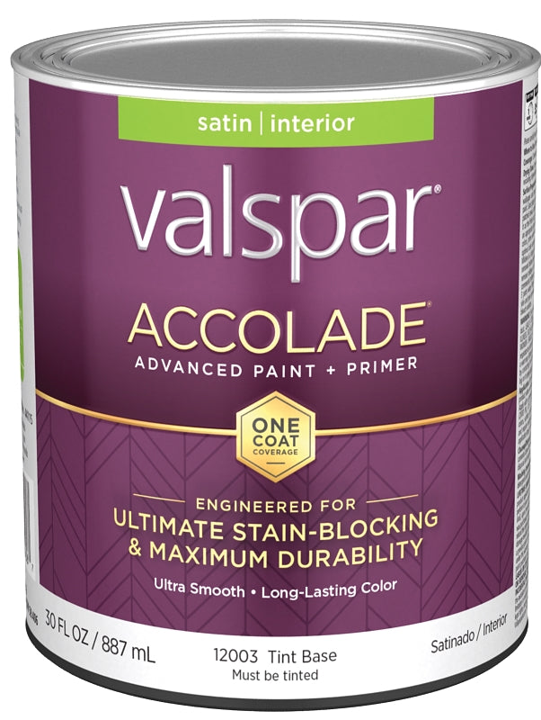 Valspar Accolade 1200 028.0012003.005 Latex Paint, Acrylic Base, Satin, Tint Base, 1 qt, Plastic Can