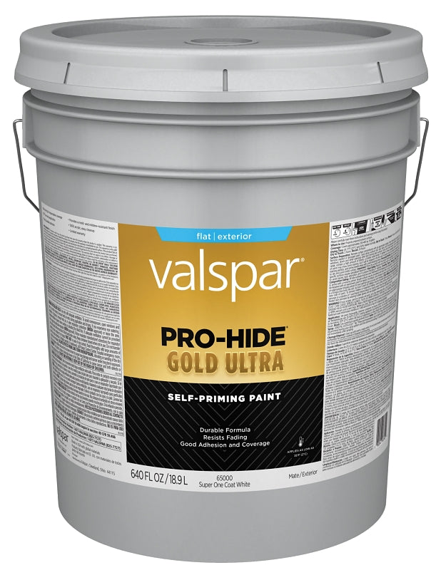 Valspar Pro-Hide Gold Ultra 6500 028.0065000.008 Latex Paint, Acrylic Base, Flat Sheen, Super One Coat White, 5 gal