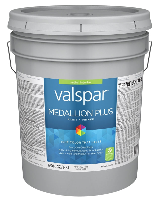 Valspar Medallion Plus 2300 028.0023003.008 Latex Paint, Acrylic Base, Satin Sheen, Tint Base, 5 gal, Plastic Pail