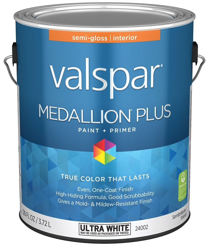 Valspar Medallion Plus 2700 028.0024002.007 Latex Paint, Acrylic Base, Semi-Gloss Sheen, Ultra White Base, 1 gal