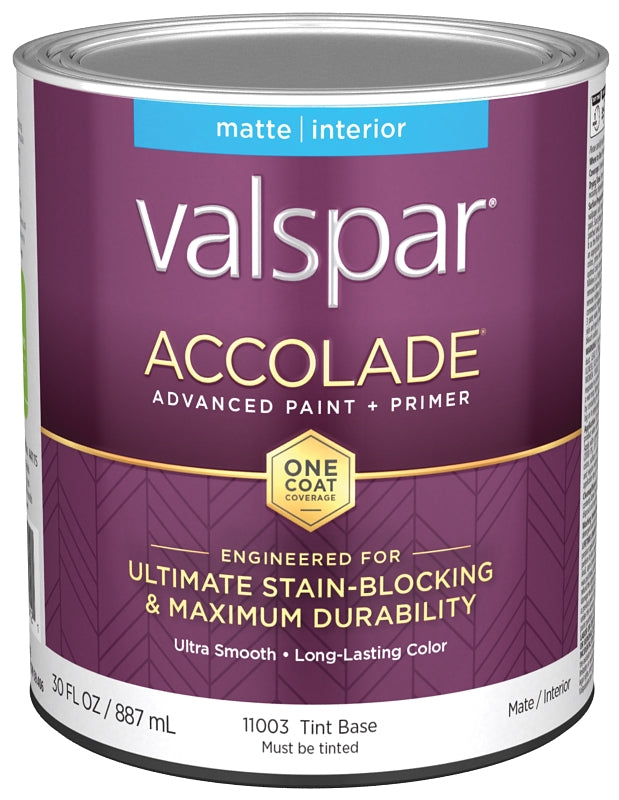 Valspar Accolade 1100 028.0011003.005 Latex Paint, Acrylic Base, Matte, Tint Base, 1 qt, Plastic Can