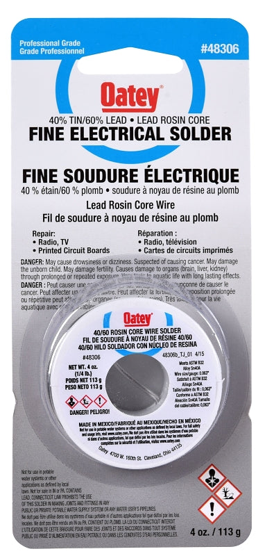 Oatey 48306 Rosin Core Wire Solder, 113 g Carded, Solid, Silver Gray, 182.22 to 237.78 deg C Melting Point