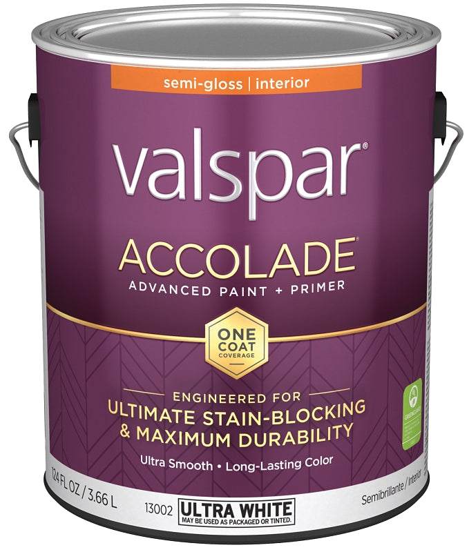 Valspar Accolade 1300 028.0013002.007 Latex Paint, Acrylic Base, Semi-Gloss, Ultra White, 1 gal, Plastic Can