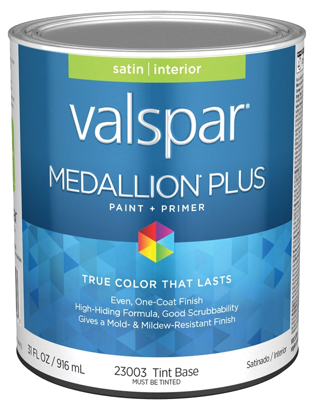 Valspar Medallion Plus 2300 028.0023003.005 Latex Paint, Acrylic Base, Satin Sheen, Tint Base, 1 qt, Plastic Can