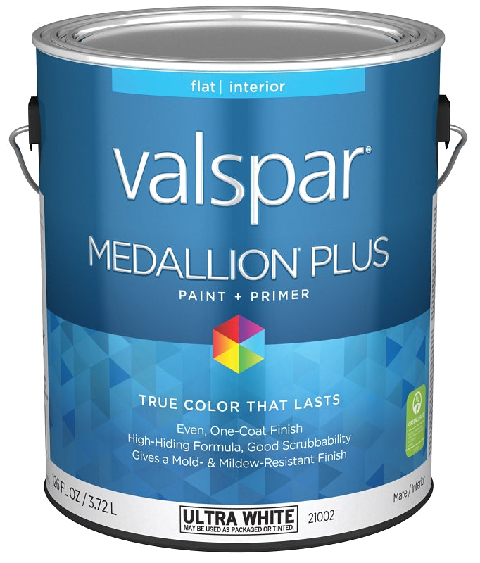 Valspar Medallion Plus 2100 028.0021002.007 Latex Paint, Acrylic Base, Flat Sheen, Ultra White Base, 1 gal