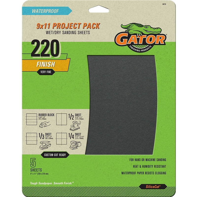 Gator 4474 Sanding Sheet, 9 in L, 11 in W, 220 Grit, Extra Fine, Silicone Carbide Abrasive