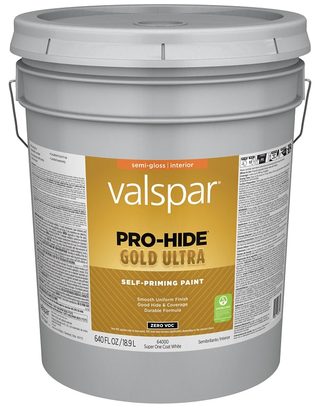 Valspar Pro-Hide Gold Ultra 6400 028.0064000.008 Latex Paint, Acrylic Base, Semi-Gloss Sheen, Super One Coat White