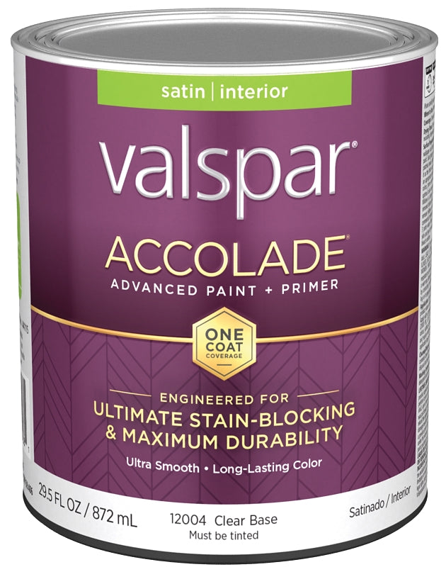 Valspar Accolade 1200 028.0012004.005 Latex Paint, Acrylic Base, Satin, Clear Base, 1 qt, Plastic Can