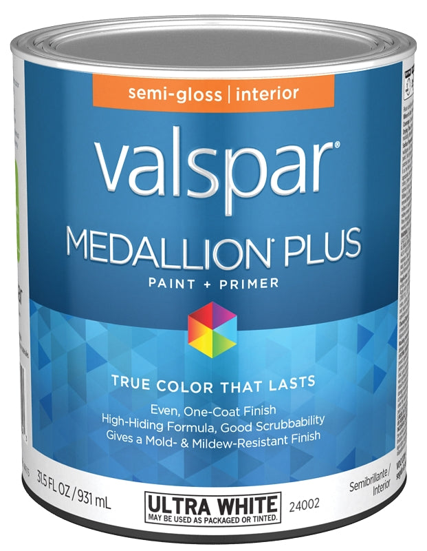 Valspar Medallion Plus 2700 028.0024002.005 Latex Paint, Acrylic Base, Semi-Gloss Sheen, Ultra White Base, 1 qt