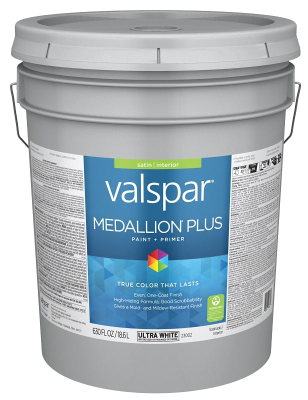 Valspar Medallion Plus 2300 028.0023002.008 Latex Paint, Acrylic Base, Satin Sheen, Ultra White Base, 5 gal