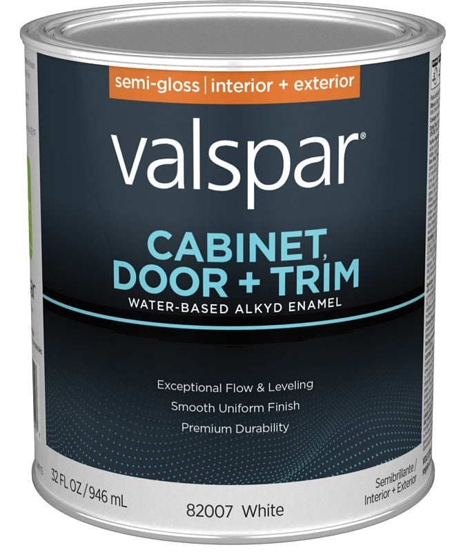 Valspar 8200 028.0082007.005 Cabinet, Door and Trim Paint Enamel, Water Base, Semi-Gloss Sheen, White Base, 1 qt