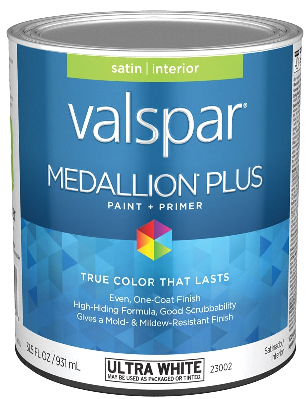 Valspar Medallion Plus 2300 028.0023002.005 Latex Paint, Acrylic Base, Satin Sheen, Ultra White Base, 1 qt