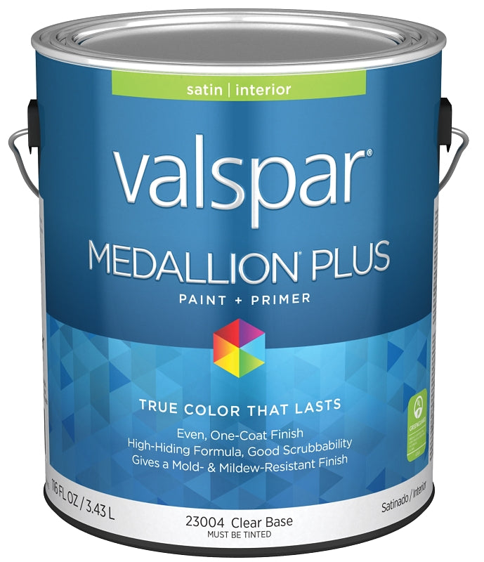 Valspar Medallion Plus 2300 028.0023004.007 Latex Paint, Acrylic Base, Satin Sheen, Clear Base, 1 gal, Plastic Can