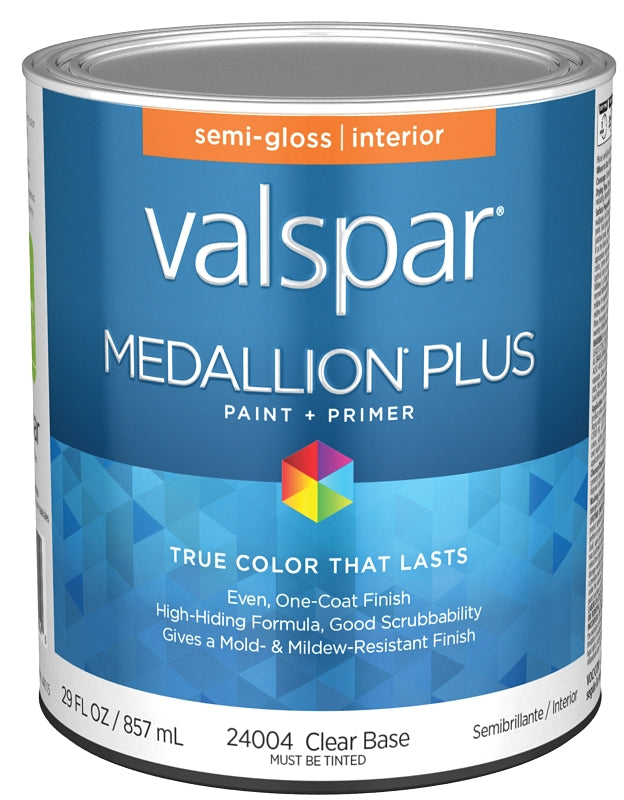 Valspar Medallion Plus 2700 028.0024004.005 Latex Paint, Acrylic Base, Semi-Gloss Sheen, Clear Base, 1 qt