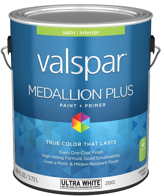 Valspar Medallion Plus 2300 028.0023002.007 Latex Paint, Acrylic Base, Satin Sheen, Ultra White Base, 1 gal, Can