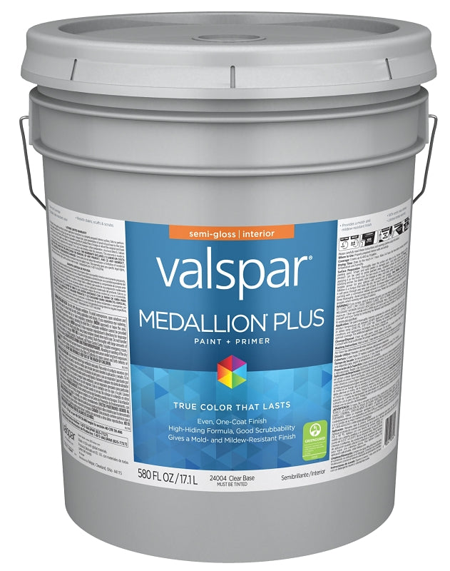 Valspar Medallion Plus 2700 028.0024004.008 Latex Paint, Acrylic Base, Semi-Gloss Sheen, Clear Base, 5 gal