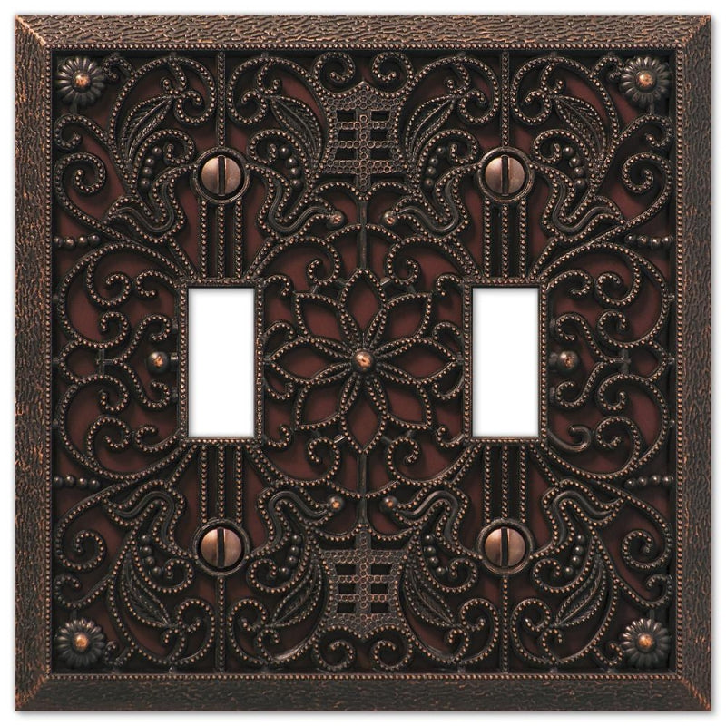 Amerelle Filigree 65TTDB Wallplate, 4-1/2 in L, 4-7/16 in W, 2 -Gang, Metal, Aged Bronze