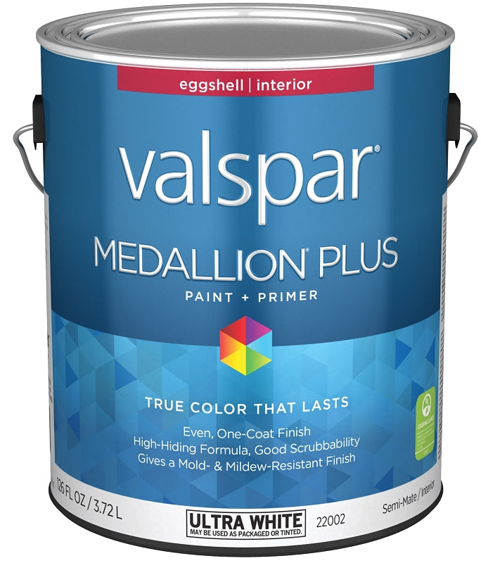 Valspar Medallion Plus 2200 028.0022002.007 Latex Paint, Acrylic Base, Eggshell Sheen, Ultra White Base, 1 gal, Can