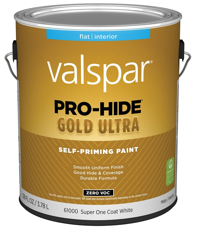 Valspar Pro-Hide Gold Ultra 6100 028.0061000.007 Latex Paint, Acrylic Base, Flat Sheen, Super One Coat White, 1 gal