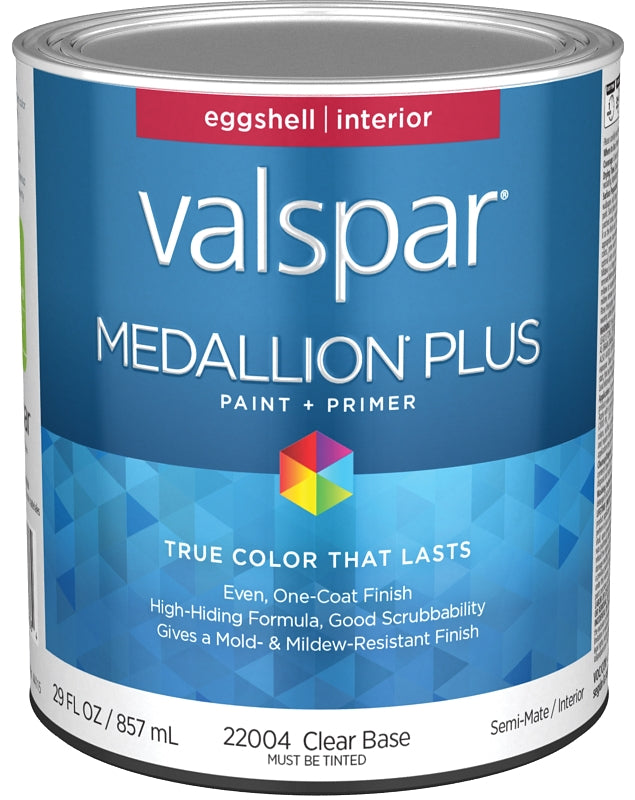 Valspar Medallion Plus 2200 028.0022004.005 Latex Paint, Acrylic Base, Eggshell Sheen, Clear Base, 1 qt